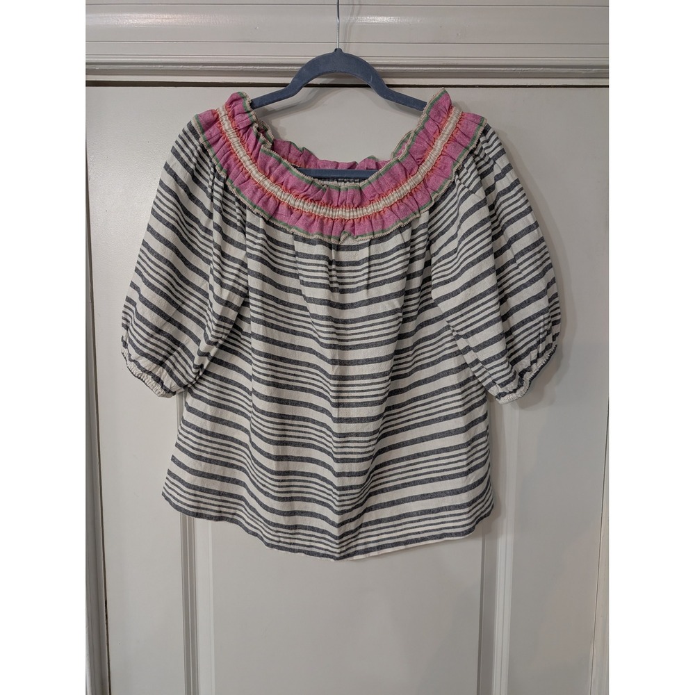 TRINA TURK Off The Shoulder Striped Blouse Top Smocked Neck Linen Blend Women M*